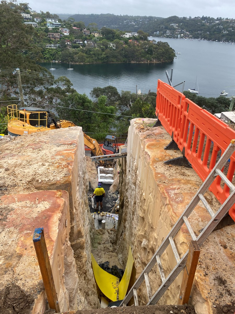 Detailed rock excavation cut above Middle Harbour, Northbridge NSW