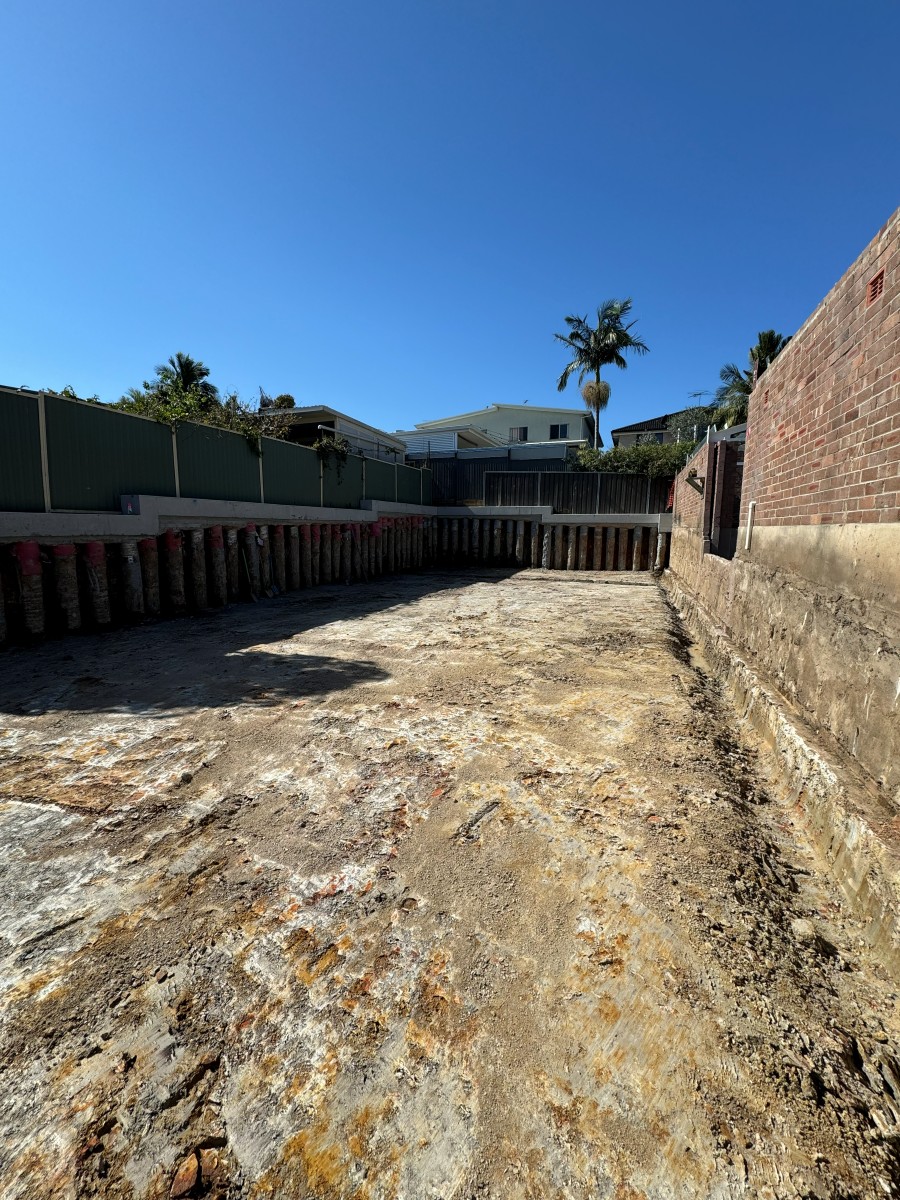 Piled retention walls around a completed bulk excavation, Roselands NSW